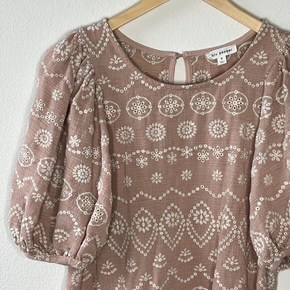 BLUE PEPPER Embroidered Boho Dress Balloon Sleeve Small - Picture 4 of 7